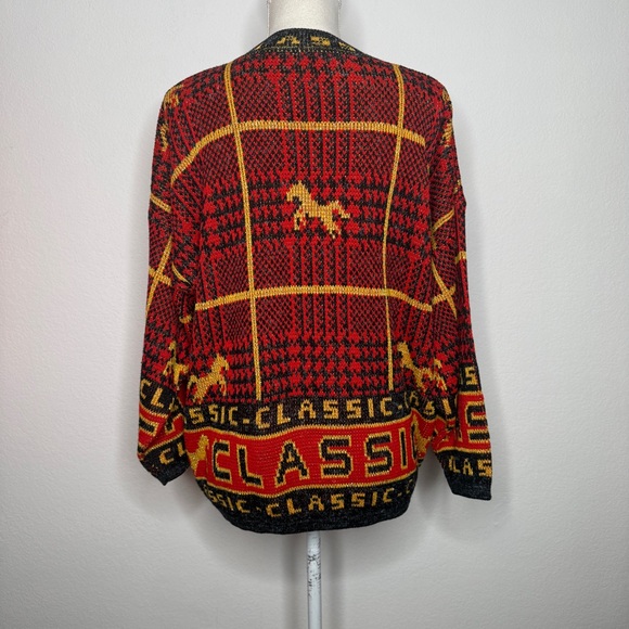 Venezia Sweater Vintage Horse Print Classic Metallic Red Yellow Acrylic USA OS - Picture 4 of 7